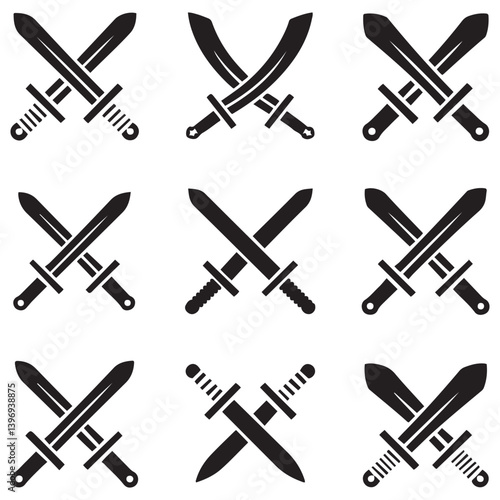 Sword icons set. Vector Black silhouettes Ancient swords signs and crossed pictograms. with white background