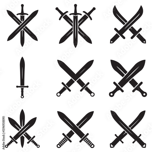 Sword icons set. Vector Black silhouettes Ancient swords signs and crossed pictograms. with white background