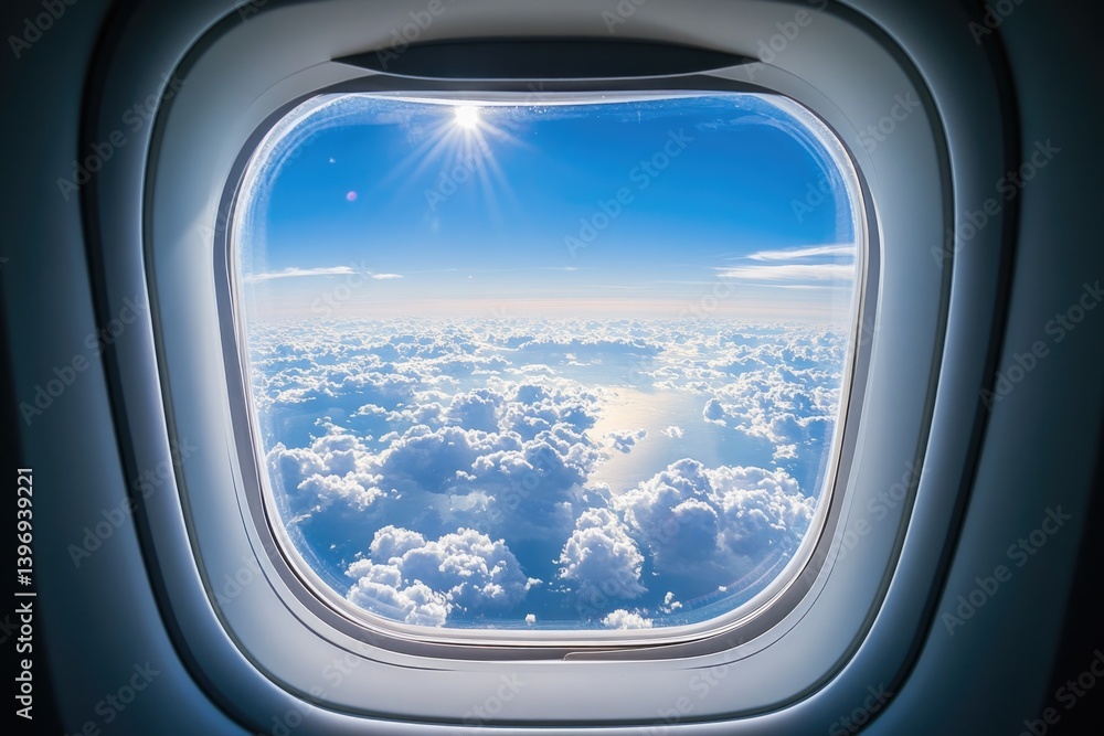 Airplane window view: aerial perspective, vast landscape, sky horizon, cloud formations, expansive scenery, distant horizon, soaring above, panoramic view, skyward glance, stunning altitude. Airplane window view: aerial perspective, vast landscape, sky horizon, cloud formations, expansive scenery, distant horizon, soaring above, panoramic view, skyward glance, stunning altitude.