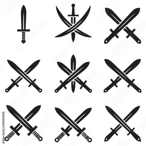 Sword icons set. Vector Black silhouettes Ancient swords signs and crossed pictograms. with white background