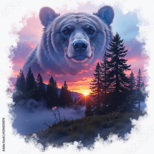 Grizzly bear above misty forest at sunset captures the beauty of wildlife in a serene landscape