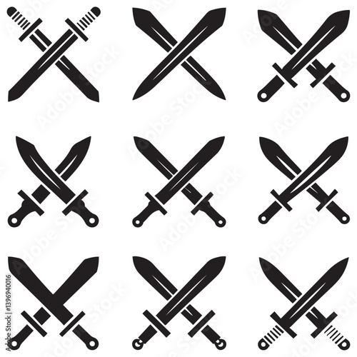 Sword icons set. Vector Black silhouettes Ancient swords signs and crossed pictograms. with white background