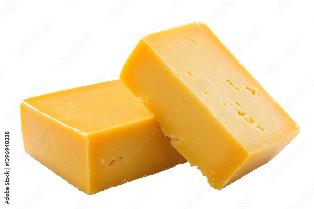 Two yellow cheese blocks stacked on top of each other against a white background. Two yellow cheese blocks stacked on top of each other against a white background.