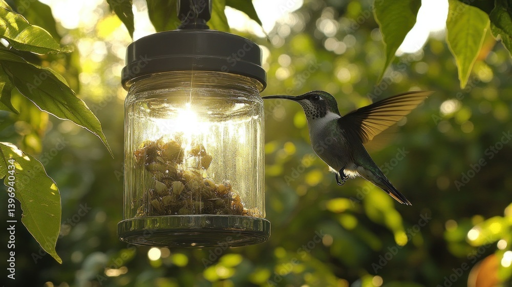 Fototapeta premium Hummingbird feeds at a glass jar feeder. Sunlight streams through the jar, highlighting the bird in flight