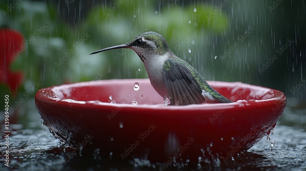 Fototapeta premium Hummingbird in a Red Bird Bath Under Rain
