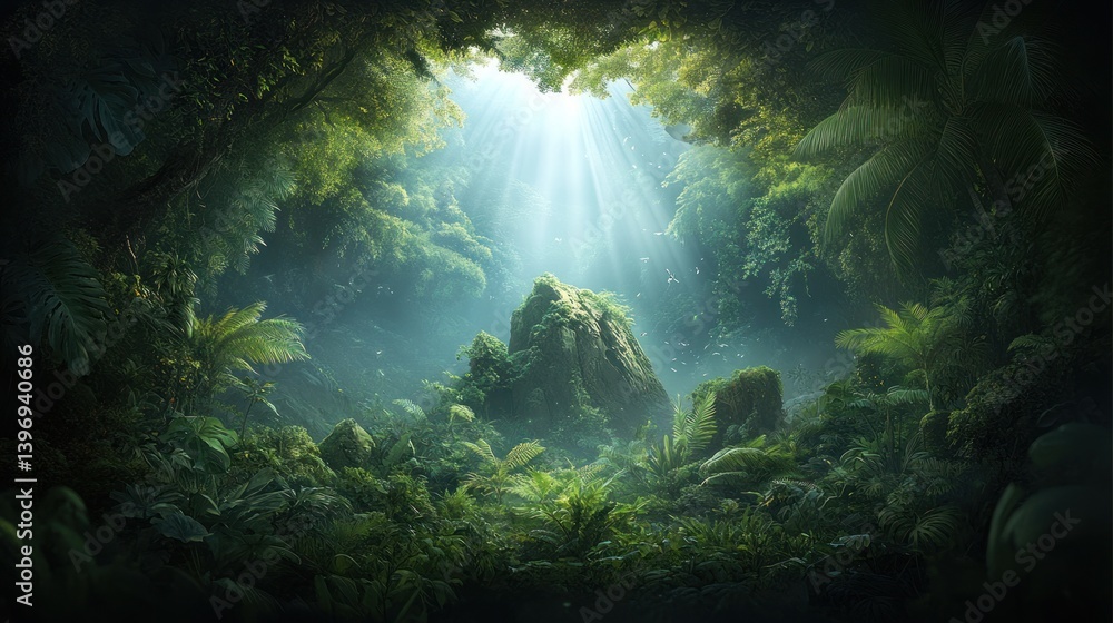 Fototapeta premium Lush jungle scene with sunlight filtering through canopy