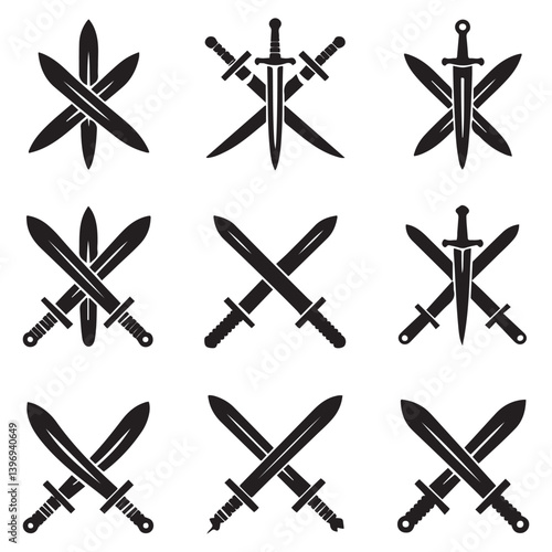 Sword icons set. Vector Black silhouettes Ancient swords signs and crossed pictograms. with white background