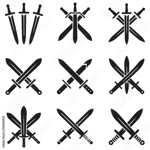 Sword icons set. Vector Black silhouettes Ancient swords signs and crossed pictograms. with white background