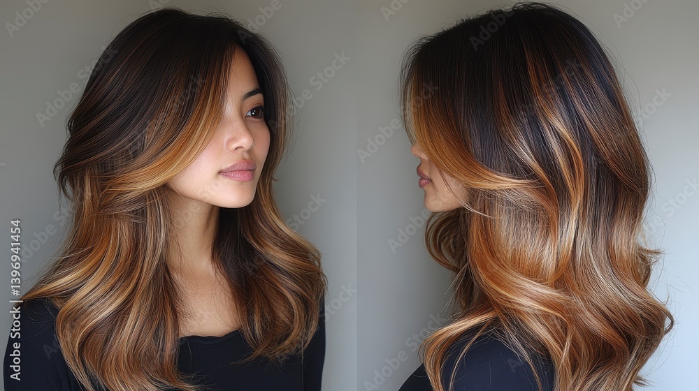 Fototapeta premium Brunette with caramel balayage. Wavy hairstyle. Model poses in portrait and profile