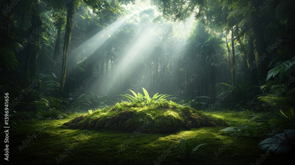 Fototapeta premium Lush jungle, sunbeams, serenity