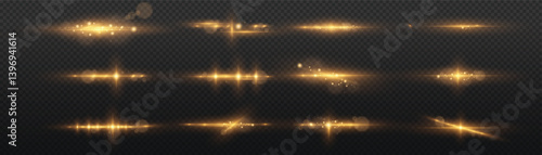 Shining star, sun particles and sparks with highlight effect, golden lights bokeh glitter and sequins. Golden light flare and sparkles set, vector. Effect glare, lines, yellow explosion. 