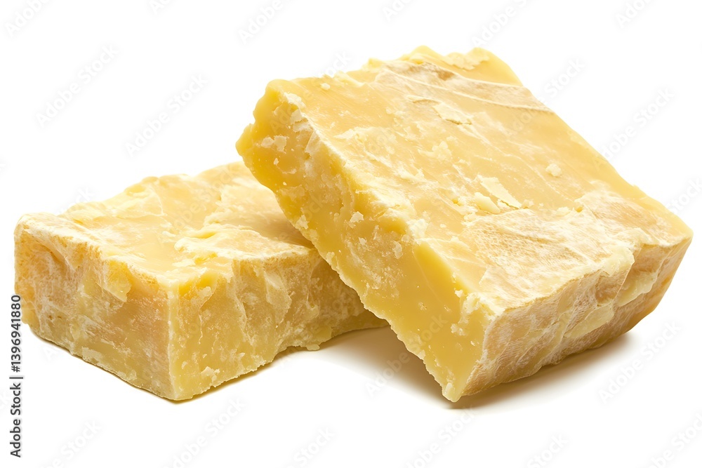Two pieces of yellow cheese sit on a white surface. Two pieces of yellow cheese sit on a white surface.