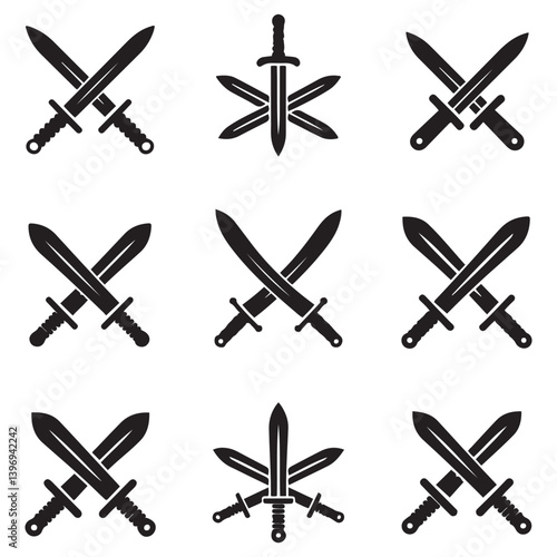 Sword icons set. Vector Black silhouettes Ancient swords signs and crossed pictograms. with white background