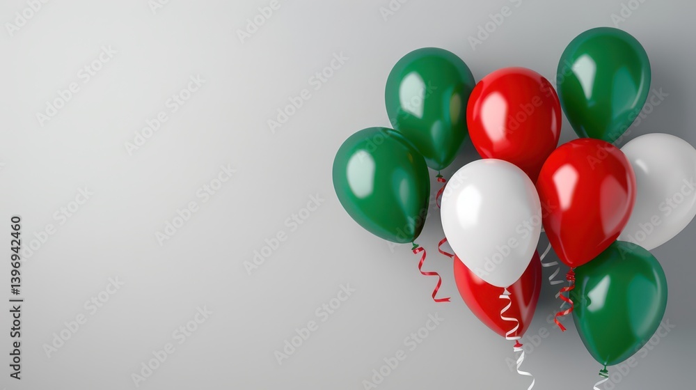 Fototapeta premium Celebrating italy's republic day with italian flag colored balloons. Festa della Repubblica. Balloons in colors of flag of Italy. Horizontal banner. Copy space. Liberation Day