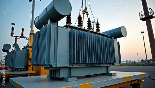 Large industrial transformer being lifted for installation at a substation during sunset., 3D render.