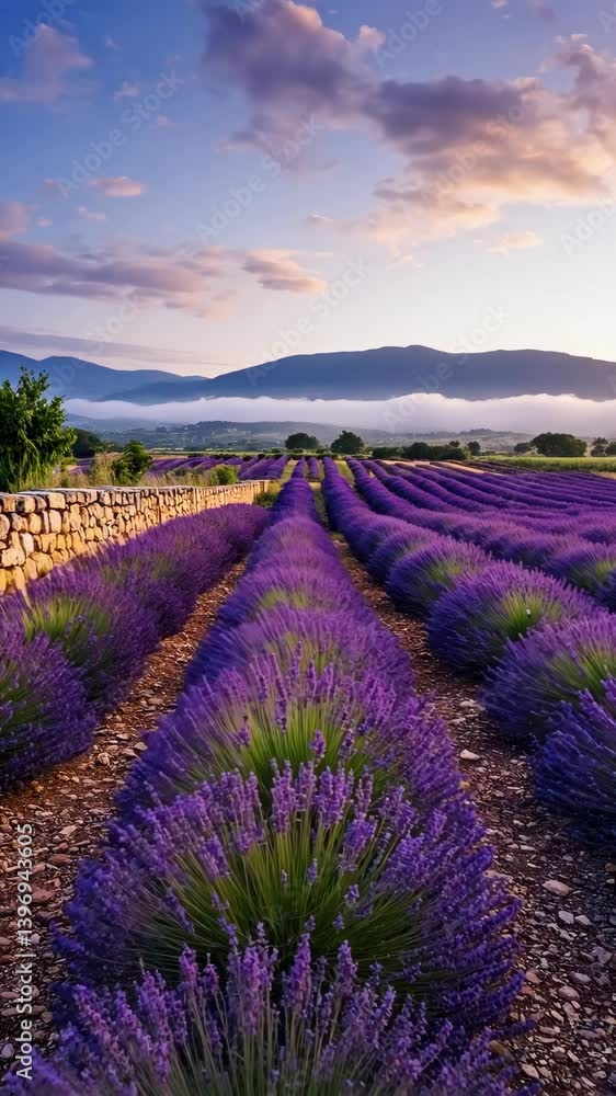 Scenic lavender field with rows of purple flowers stretching toward distant mountains beneath a pastel sunset sky Scenic lavender field with rows of purple flowers stretching toward distant mountains beneath a pastel sunset sky
