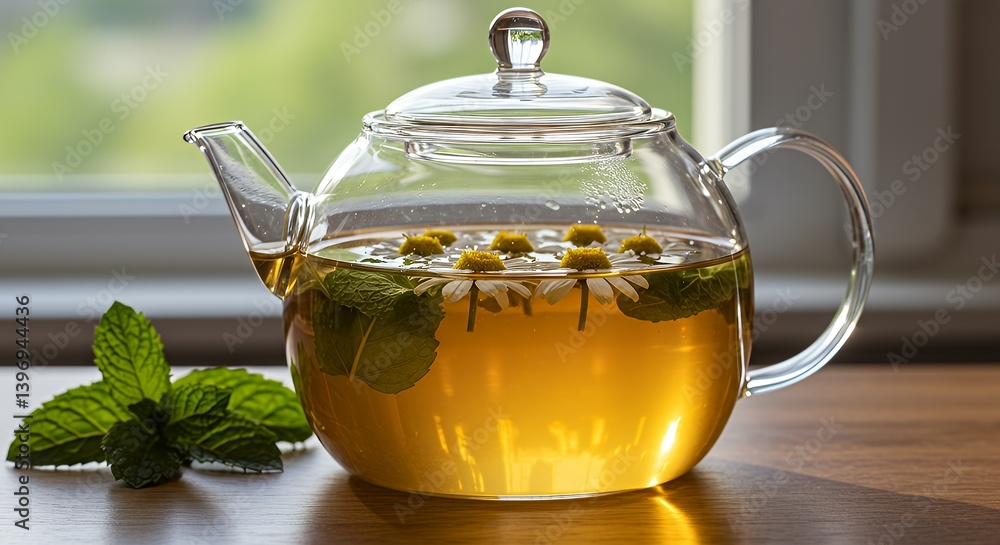 Brewing Chamomile Tea in Glass Teapot with Fresh Mint and Flowers Brewing Chamomile Tea in Glass Teapot with Fresh Mint and Flowers