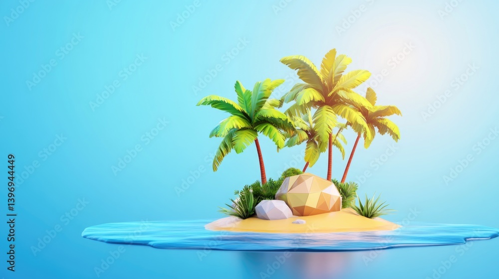 Obraz premium Cartoon island with palm trees and stones. Tropical island with ocean scene for travel agency business promotion. Exotic summer vacation and holiday banner concept.