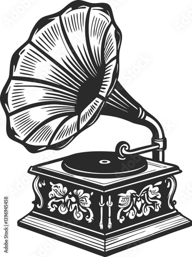 Antique gramophone with brass horn, a retro music player