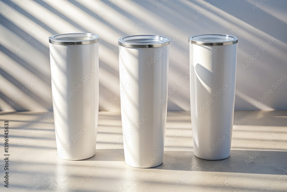 Drone shot showcasing three sleek, white 20oz tumblers; ideal mockup for product visuals. Drone shot showcasing three sleek, white 20oz tumblers; ideal mockup for product visuals.