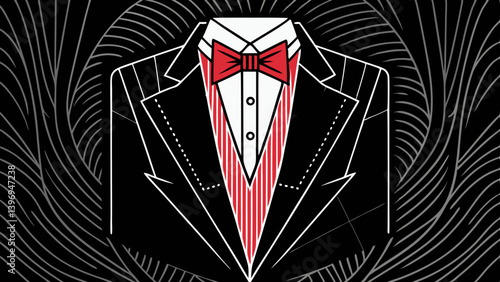 A minimalist line drawing of a tuxedo on a black background.