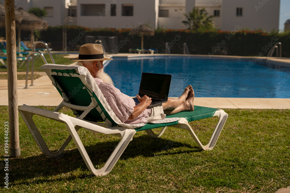 custom made wallpaper toronto digitalSenior freelancer working remotely on laptop while relaxing on sun lounger by the poolside in sunny resort, enjoying digital nomad lifestyle during retirement