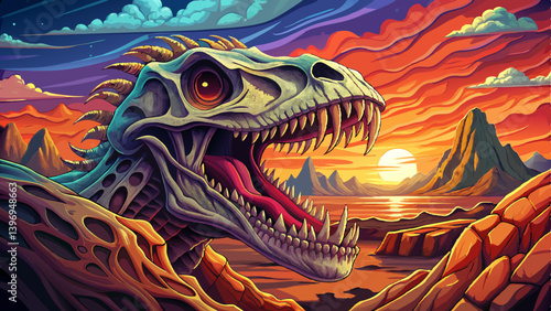 skull and teeth of a massive dinosaur on rocky desert under a strange colored sky, amazing banner