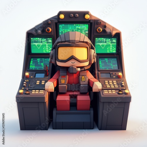 A low-poly pilot figurine sits smiling in a futuristic flight controller console featu multiple screens displaying green digital data and interfaces in a detailed 3D render.