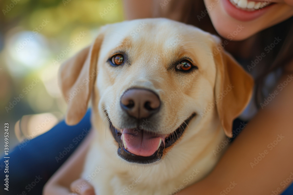 Happy Labrador retriever enjoying time with owner outdoors in a sunny park setting Happy Labrador retriever enjoying time with owner outdoors in a sunny park setting