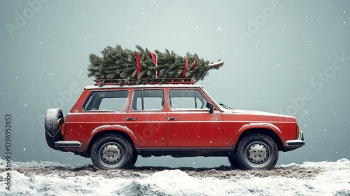 Red car carries a tree with ribbons in snowy weather