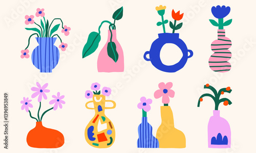 Bright abstract flowers bouquets in vases vector illustrations set. Cute simple modern florals graphic