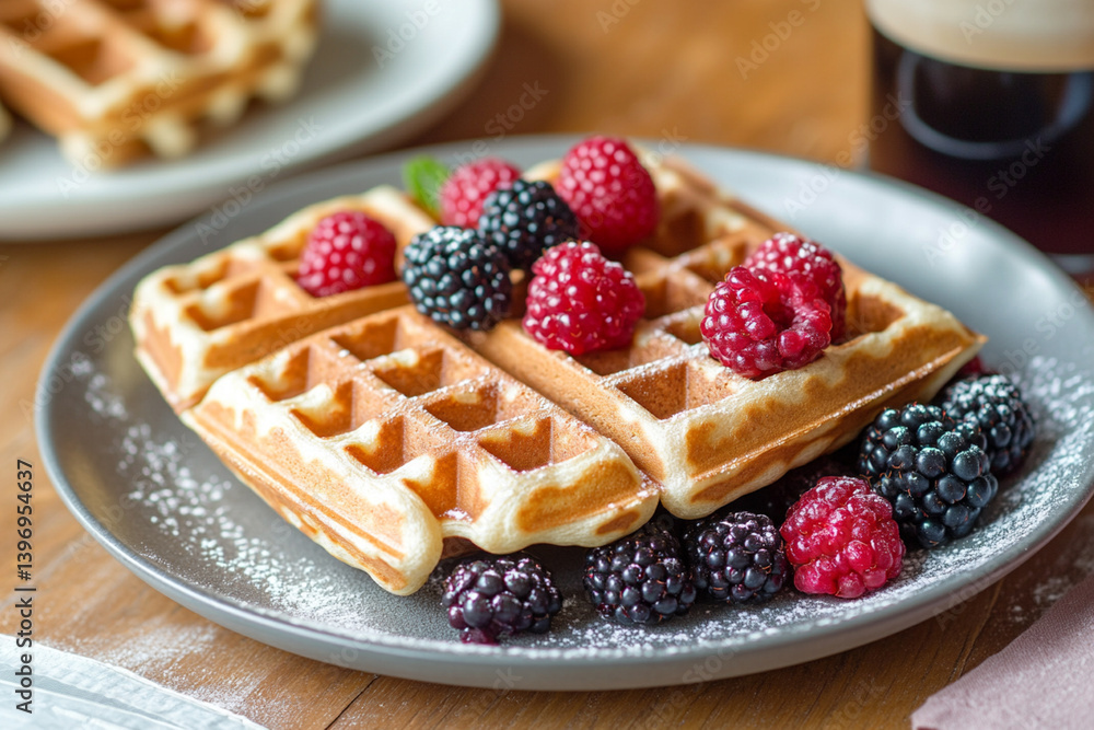 Home comfort: warm waffles, berries and the aroma of freshly brewed coffee Home comfort: warm waffles, berries and the aroma of freshly brewed coffee
