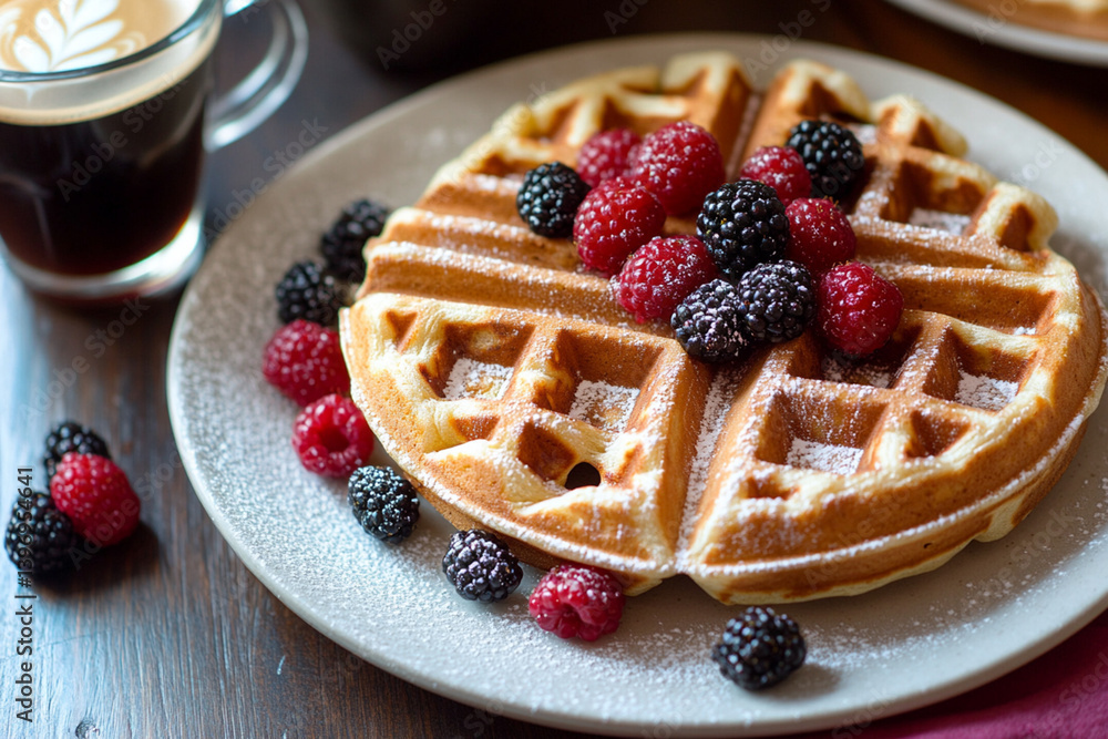 Home comfort: warm waffles, berries and the aroma of freshly brewed coffee Home comfort: warm waffles, berries and the aroma of freshly brewed coffee