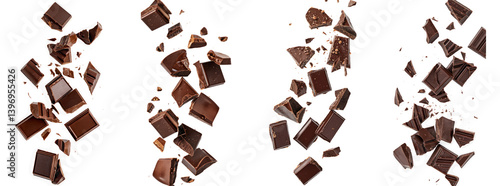 falling chocolate chunks on white background
