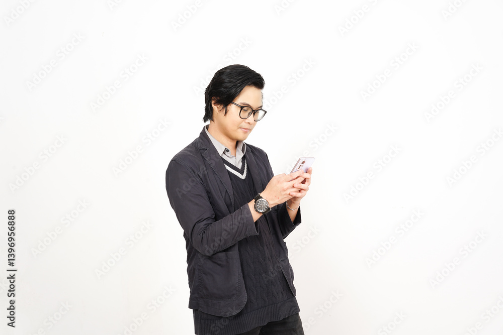 Holding and Using Smartphone Of Handsome Asian Man Isolated On White Background Holding and Using Smartphone Of Handsome Asian Man Isolated On White Background