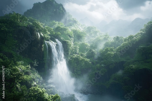 A lush waterfall cascading through a misty, rain-drenched jungle.