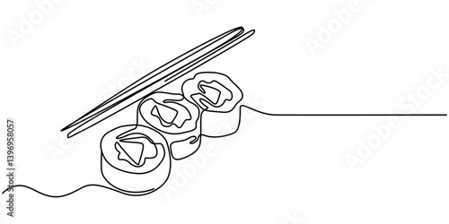 Sushi roll vector banner, background. One continuous line art drawing banner with text sushi menu for order, delivery, Continuous one line drawing of sushi rolls. Japanese food restaurant menu. Simple