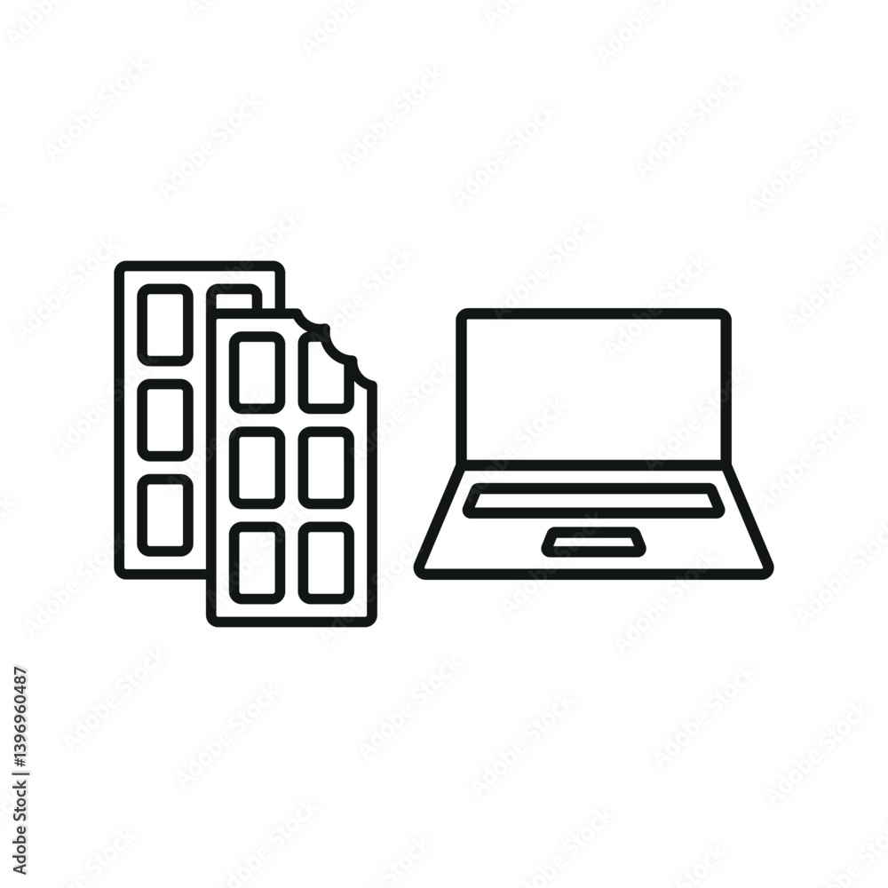 Laptop and chocolate bar set icon symbolizes energizing breaks, creative work moments, and digital comfort. Laptop and chocolate bar set icon symbolizes energizing breaks, creative work moments, and digital comfort.