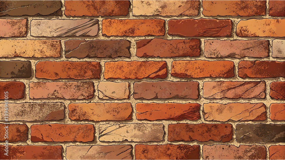 Obraz premium Hand-Drawn Brick Wall Texture – Rustic Red and Brown Brick Pattern Background for Architectural, Game, or Vintage Design Projects