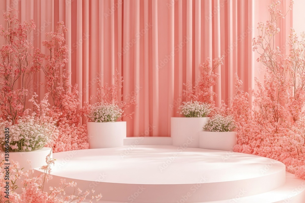 A delicate pink floral display on a circular podium. A delicate pink floral display on a circular podium.