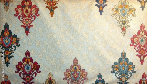 Subtle paisley damask, muted tones on linen texture, brown, neutral