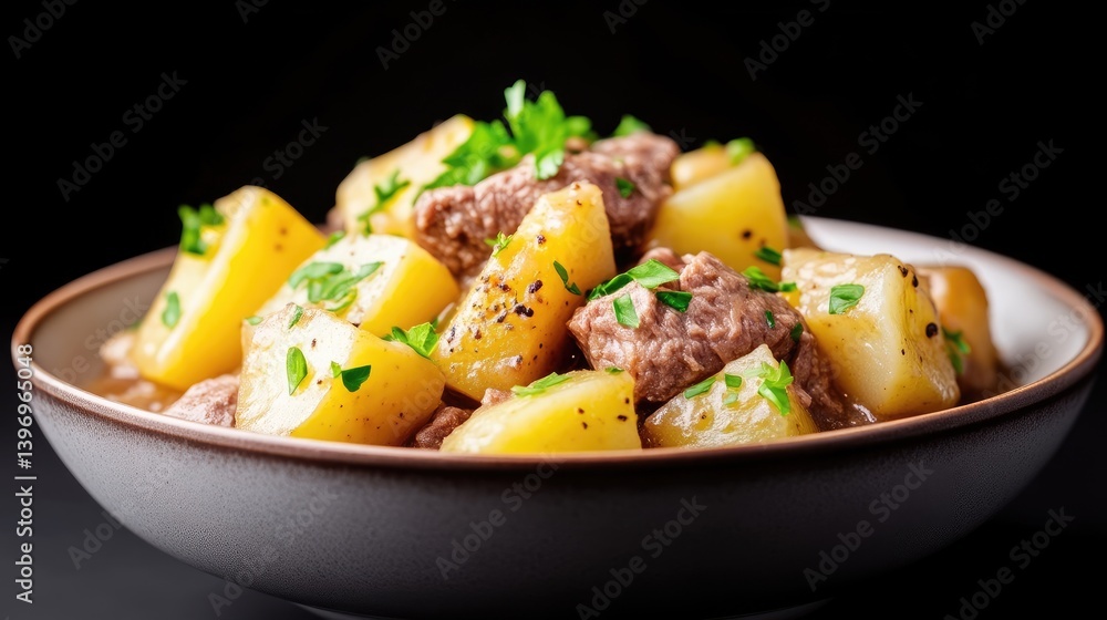 A hearty bowl of homemade stew with chunks of potatoes and meat, garnished with fresh parsley, presented in rustic brown ceramic bowl, and close-up shot. A hearty bowl of homemade stew with chunks of potatoes and meat, garnished with fresh parsley, presented in rustic brown ceramic bowl, and close-up shot.