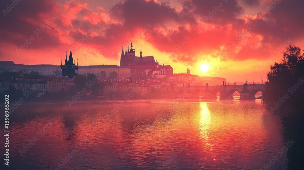 Obraz premium City skyline at sunrise over river