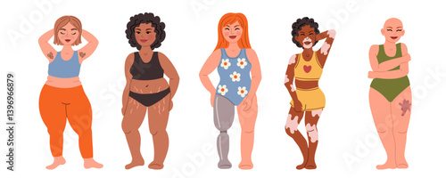 Body-positive women collection. Vector illustration of pretty women of diverse ages, ethnicities, and body types, standing in casual underwear Scars, Vitiligo, & Birthmarks . Isolated on white