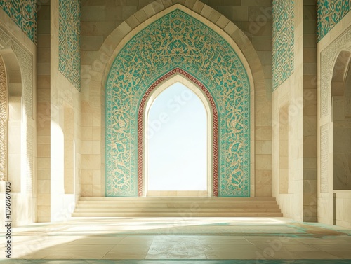 Sunlight streams through a grand arched window in a serene mosque interior showcasing intricate turquoise and beige arabesque tilework on the walls and a stone floor.