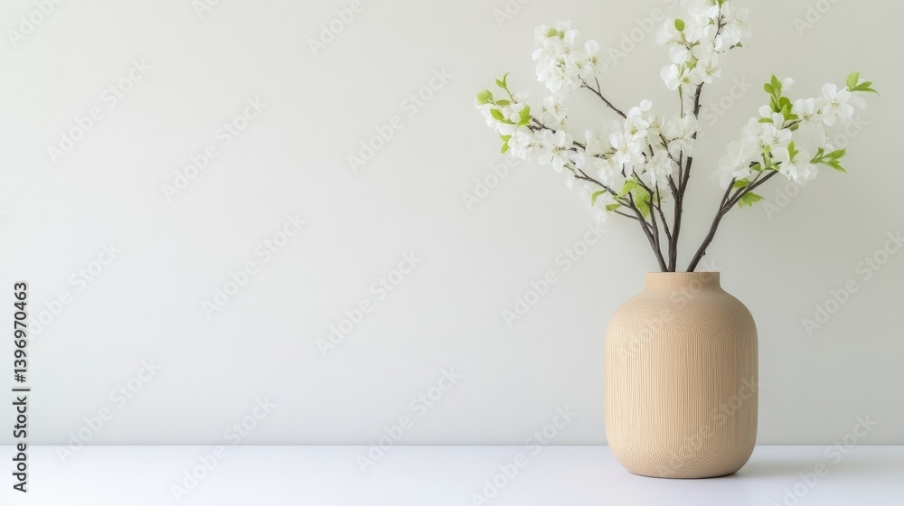 A beige ceramic vase with delicate white flowers on a minimalist white surface, soft pastel background, and elegant home decor concept. A beige ceramic vase with delicate white flowers on a minimalist white surface, soft pastel background, and elegant home decor concept.