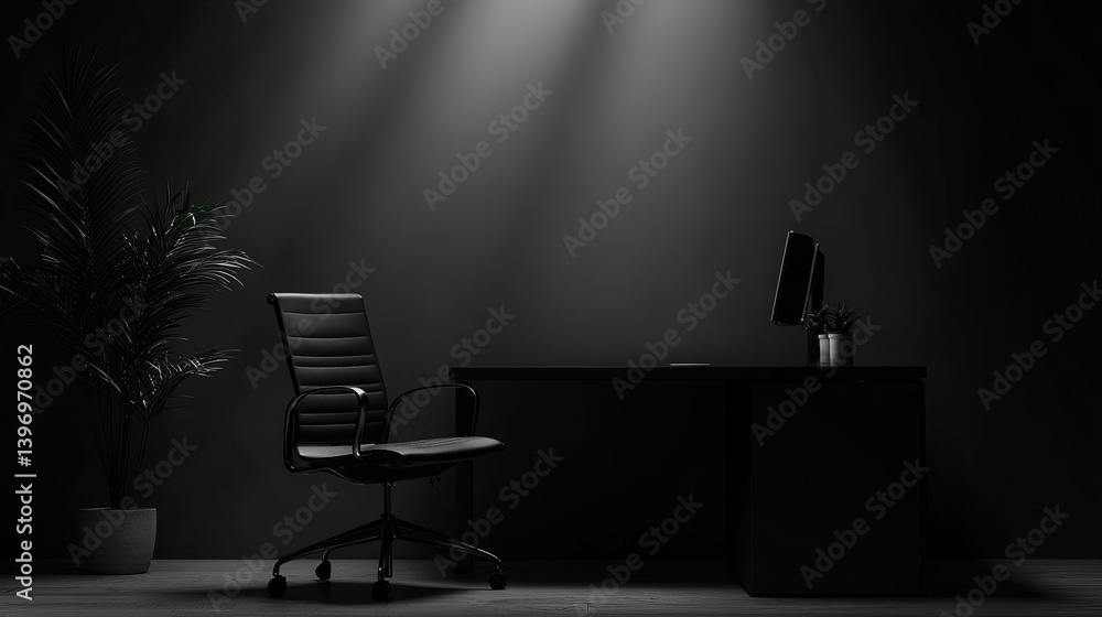 Fototapeta premium Elegant Monochromatic Office Space: Black Office with Minimalist Design and Modern Furniture