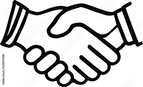 Black and white vector PNG illustration of two hands shaking, symbolizing agreement, partnership, or a greeting, with cuffs suggesting formal attire, a simple and iconic representation of unity and co