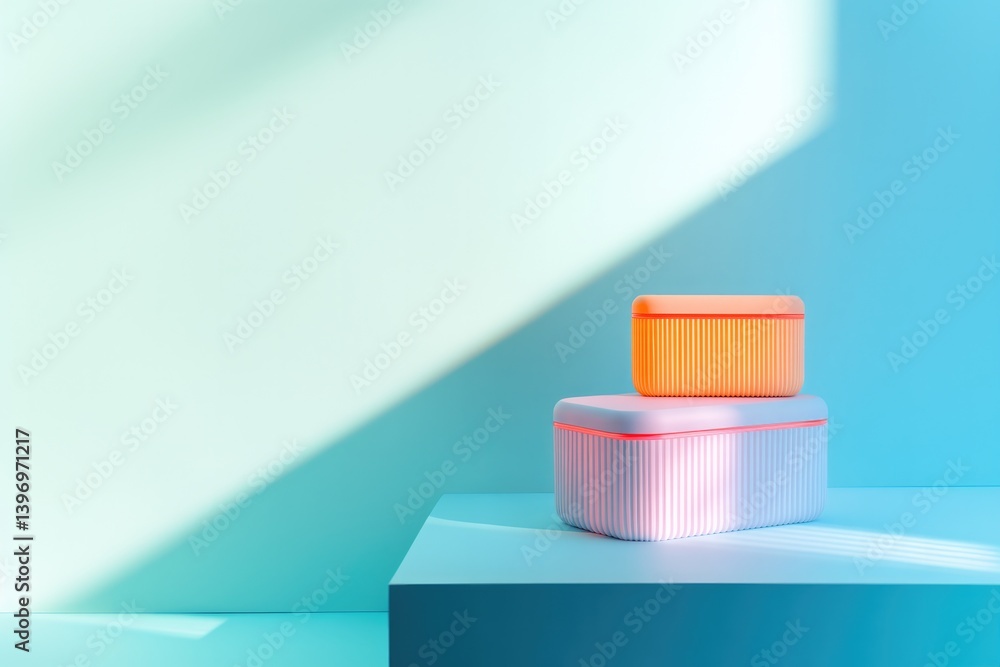 Brightly colored geometric boxes create playful atmosphere with