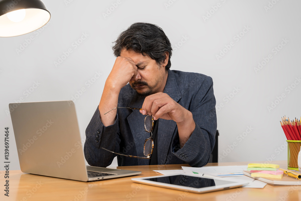 Fatigued indian man using laptop for working, a guy in casual wear is touching and massaging Fatigued indian man using laptop for working, a guy in casual wear is touching and massaging